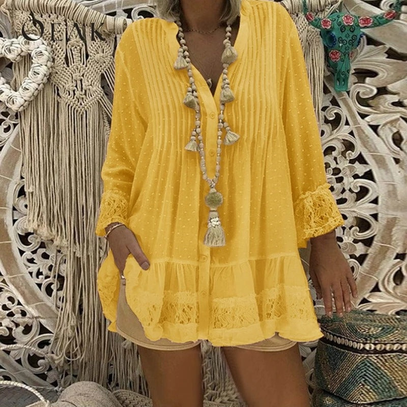 Sheer loose blouse w/ laced cuffs
