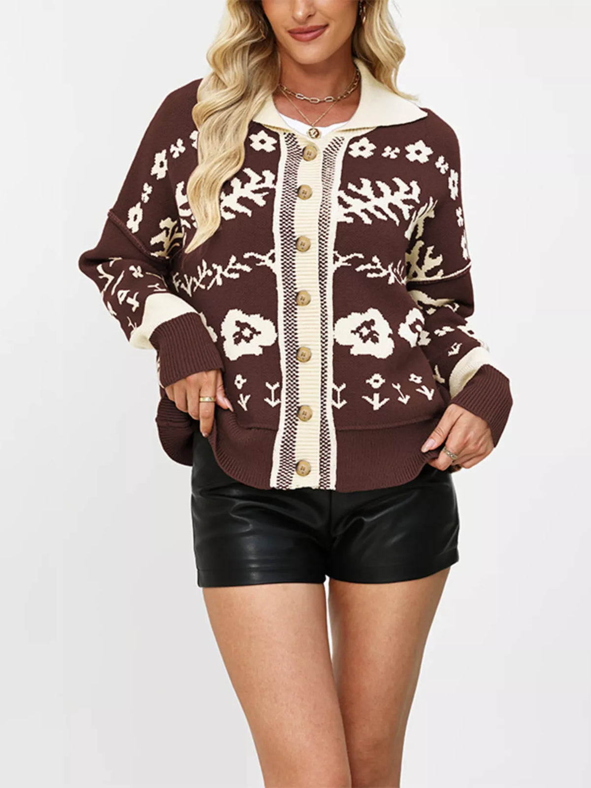 Floral Pattern Knit Cardigan with Contrast Collar