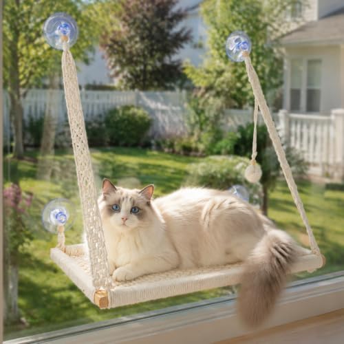 Cat Window Perch with Foldable Hook, Handwoven Catio Bed