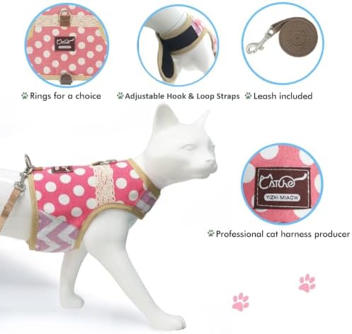 Cat Harness and Leash Set Escape Proof, Polka Dot Pink