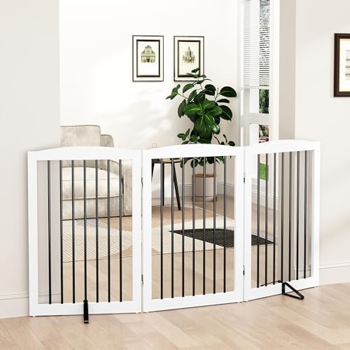 PUPETPO Freestanding Pet Gate for Dogs, Foldable Wooden Dog Gate for House