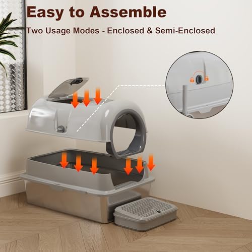 Low Entry High Sided Large Enclosed Cat Litter Box, Stainless Steel Litter Pan