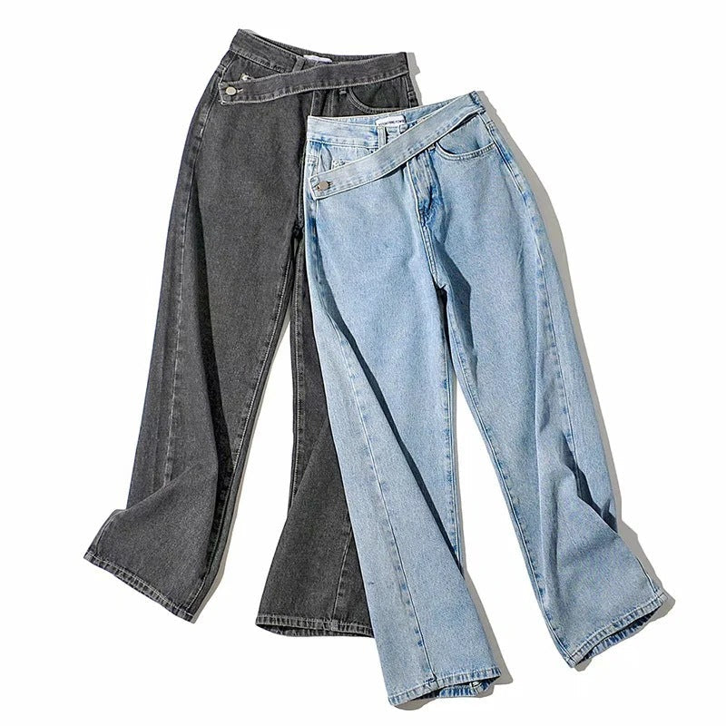 Oblique Belt High Waist Mopping Denim Wide Leg Pants