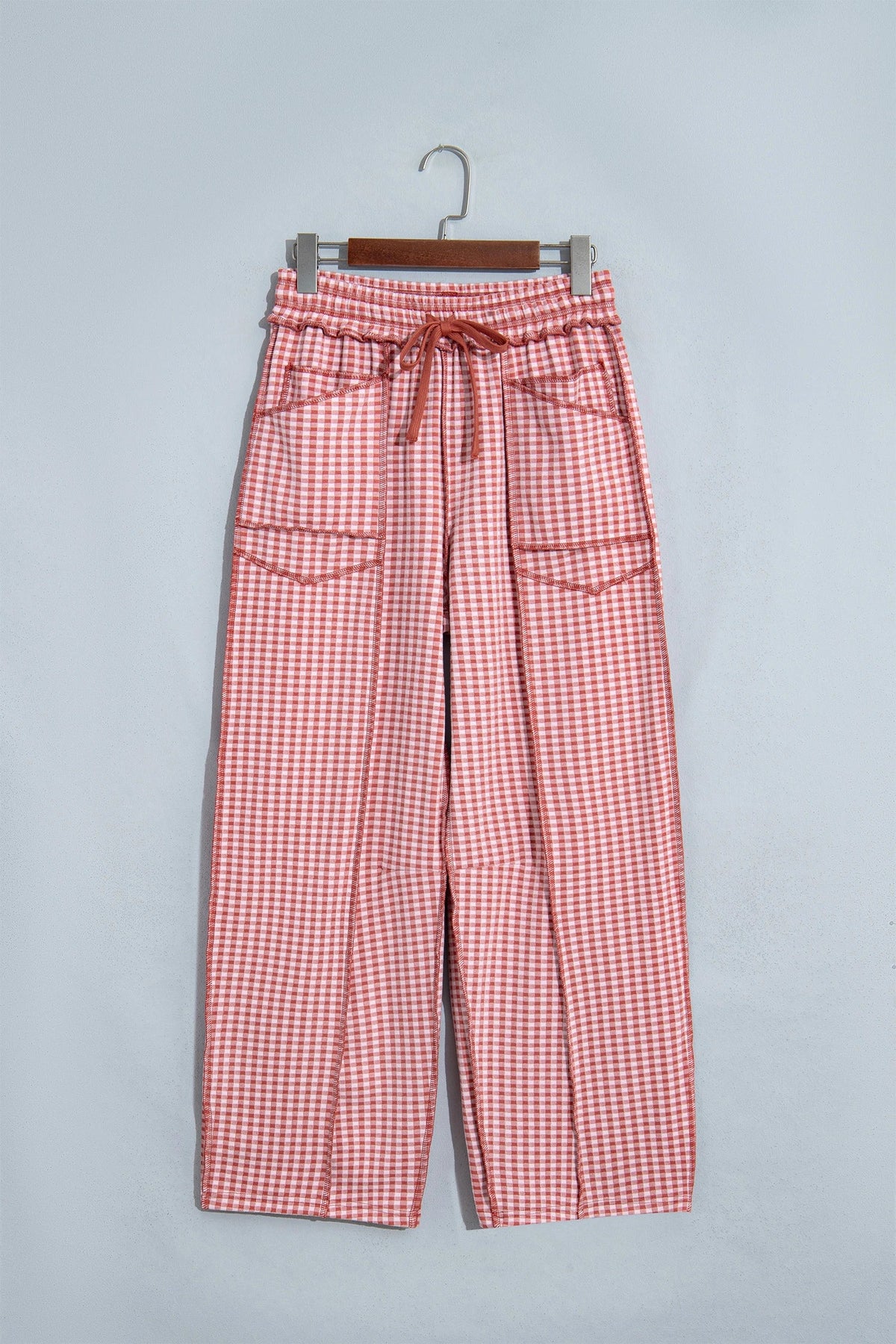 Gingham Exposed Seam Drawstring Elastic Waist Pants