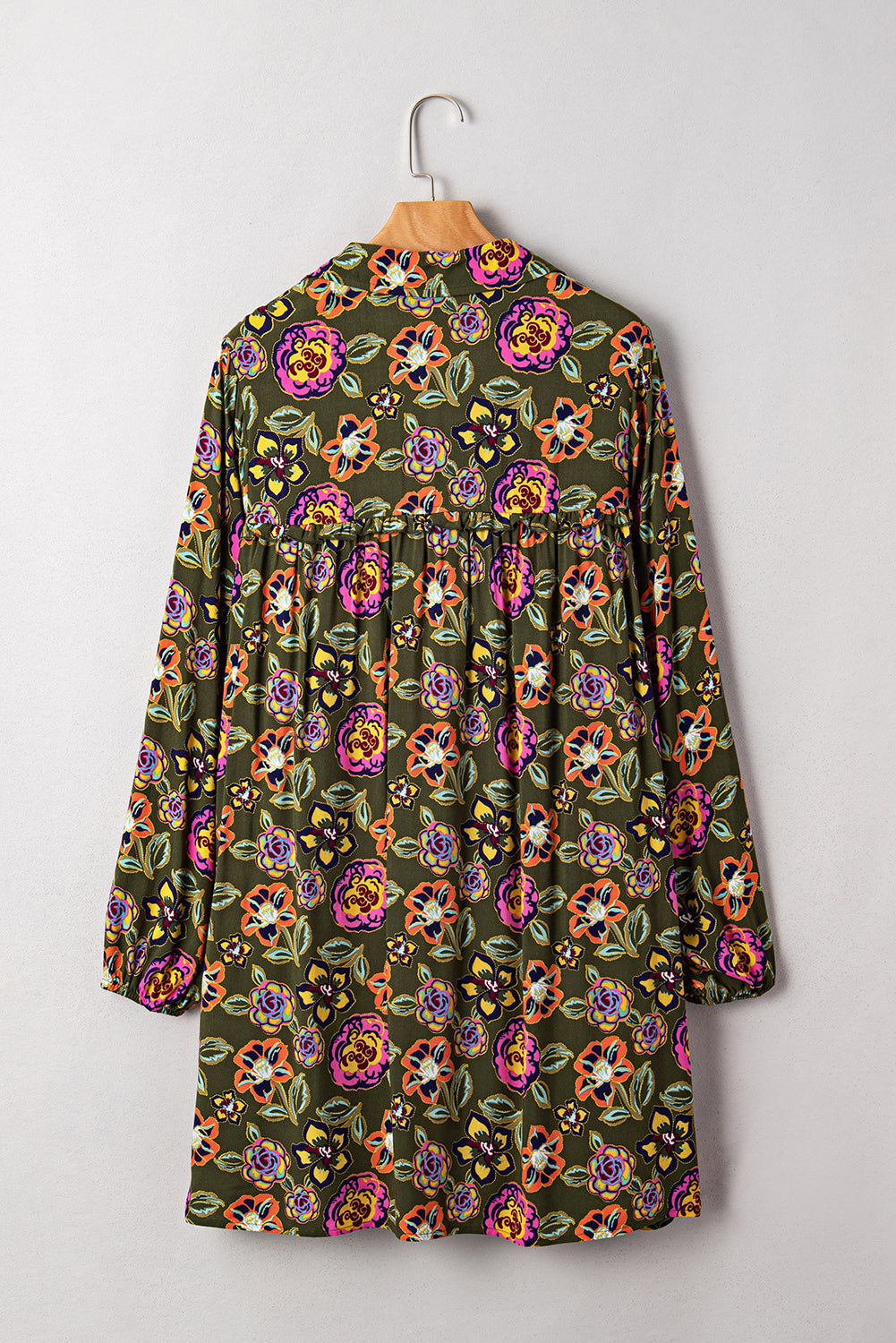 Floral Split Neck Bubble Sleeve Shift Mini Dress
