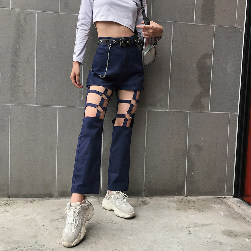 Spring sexy hollow hollow leg straight overalls women Europe and America retro loose high waist handsome casual pants