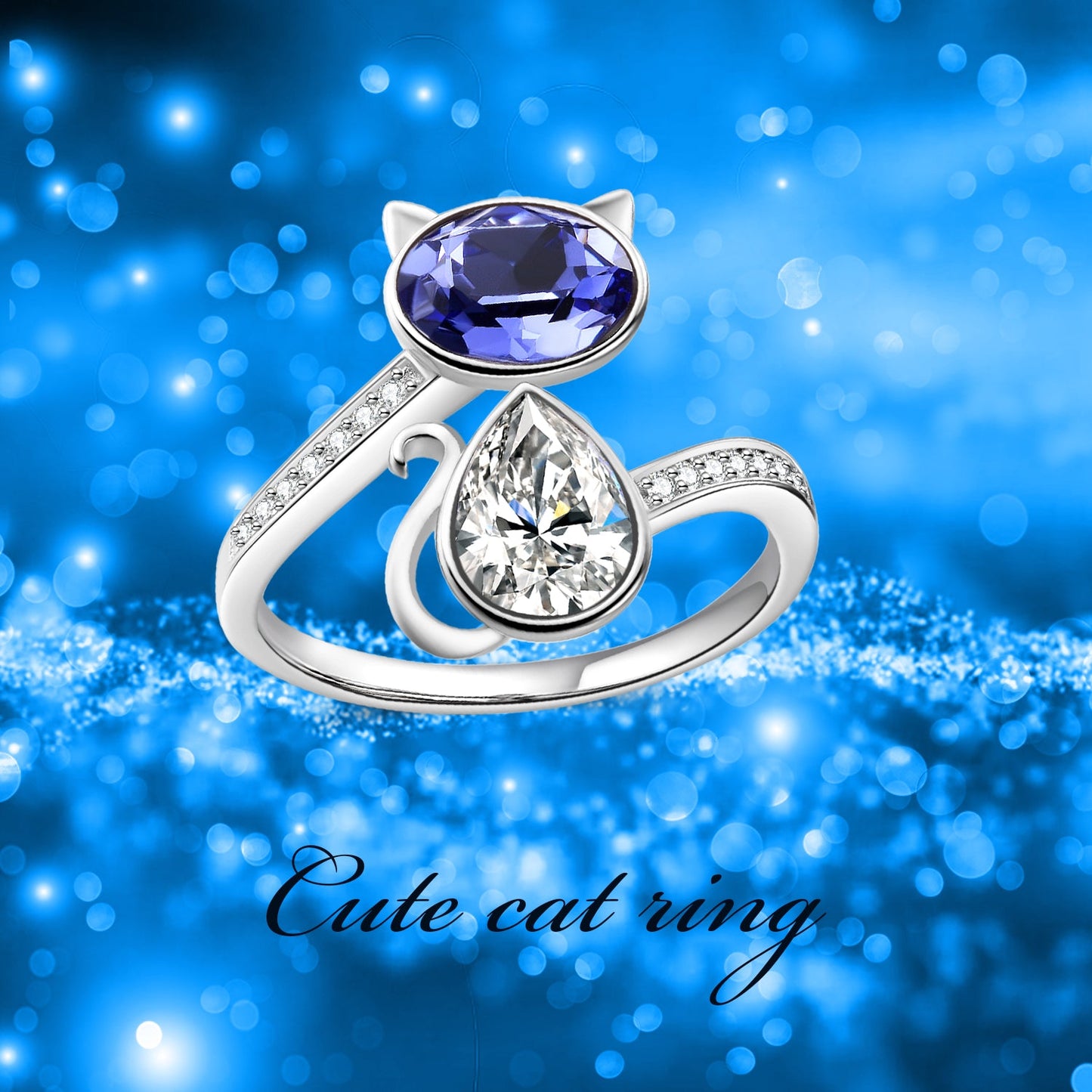Sterling Silver Cat Ring Blue Purple Crystals from Austria Cute Pet Kitten Kitty Adjustable Open Ring