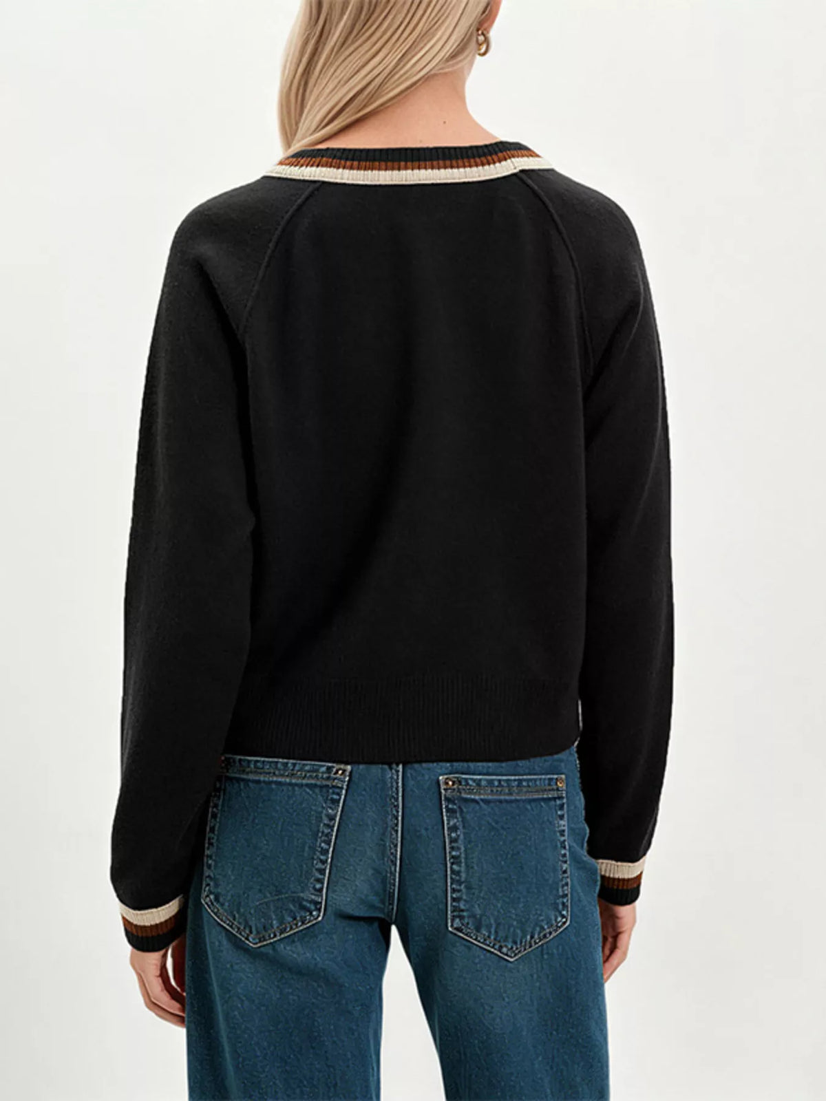 Striped Trim Button-Down Cardigan