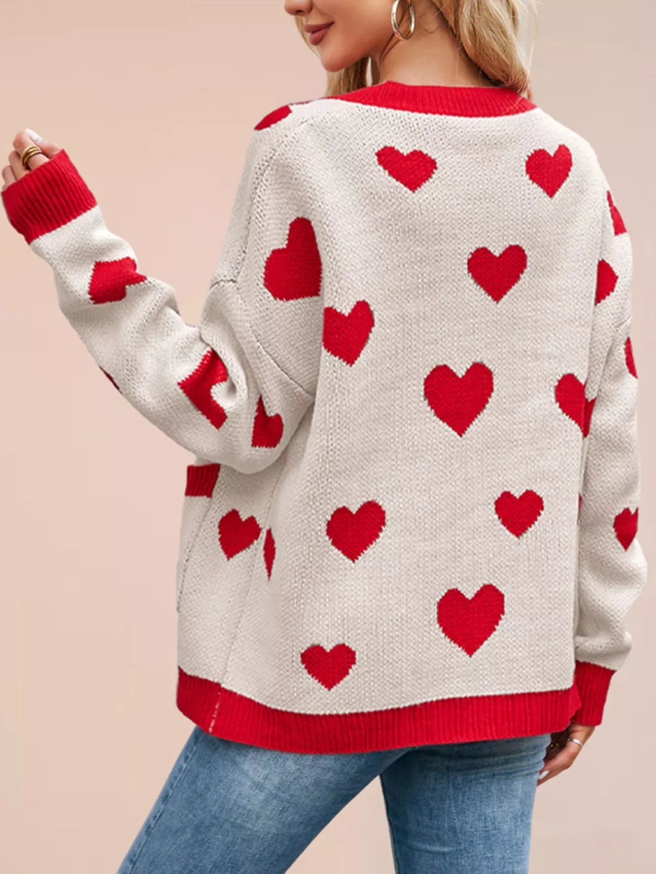 Heart Pattern V-Neck Button-Down Knit Cardigan