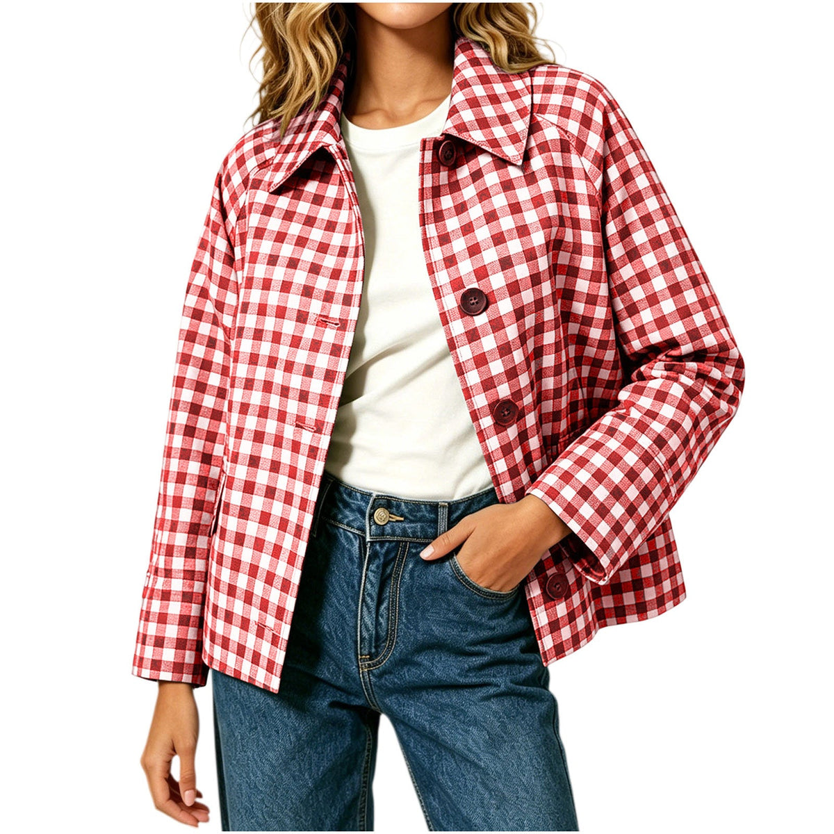 Womens Color-Block Plaid Casual Coat