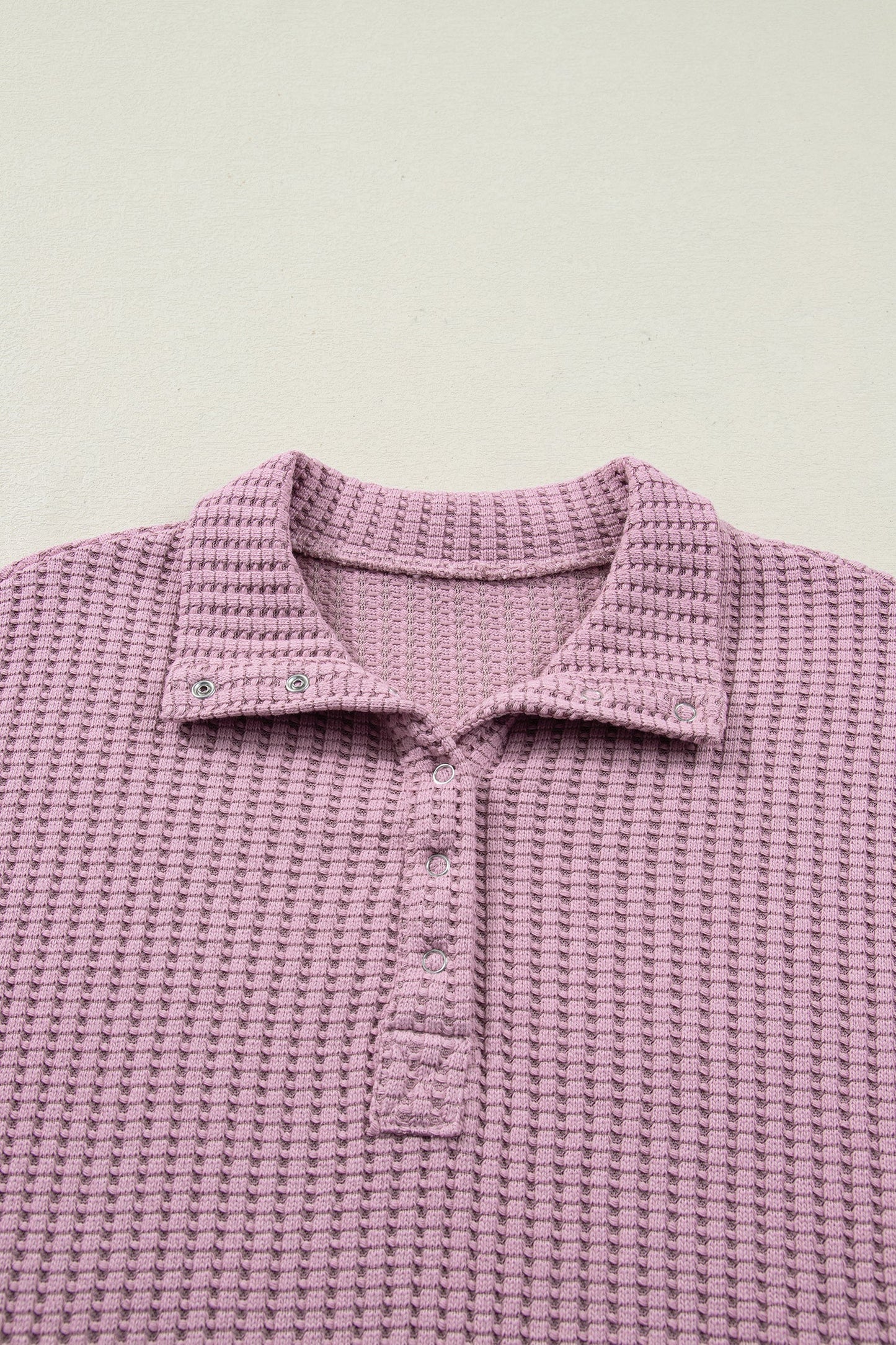 Solid Textured Knit Snap Button Collar Top