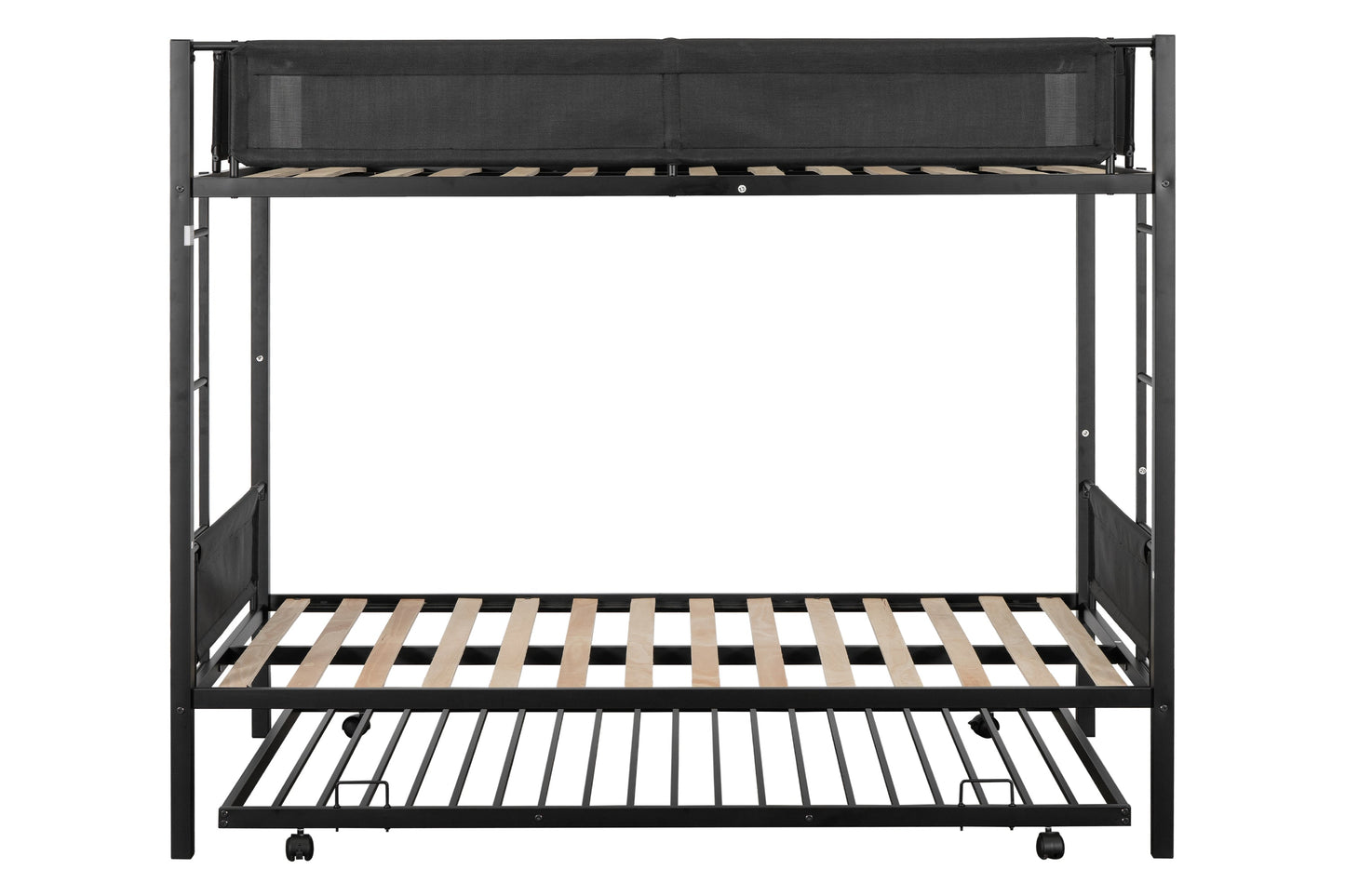 Metal double bed with casters/sturdy frame/no noise/comfortable guardrail/2 side ladders/no need for spring box