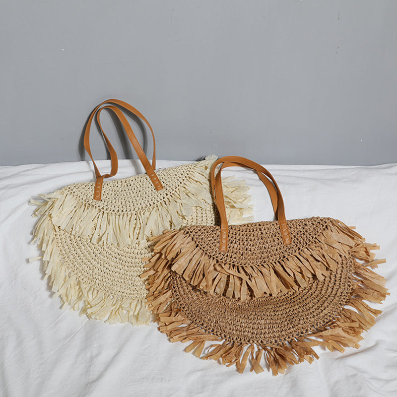 Simple Tassel Straw Shoulder Bag Women Design Handbag Bohemian Round Woven Large Capacity Tote Summer Beach Travel Shopper Purse