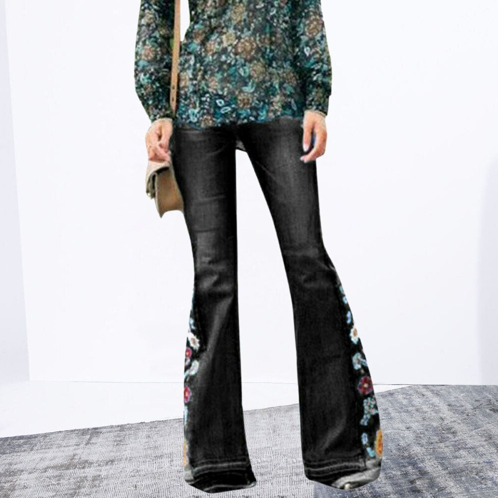 Denim flared trousers with embroidered embroidery