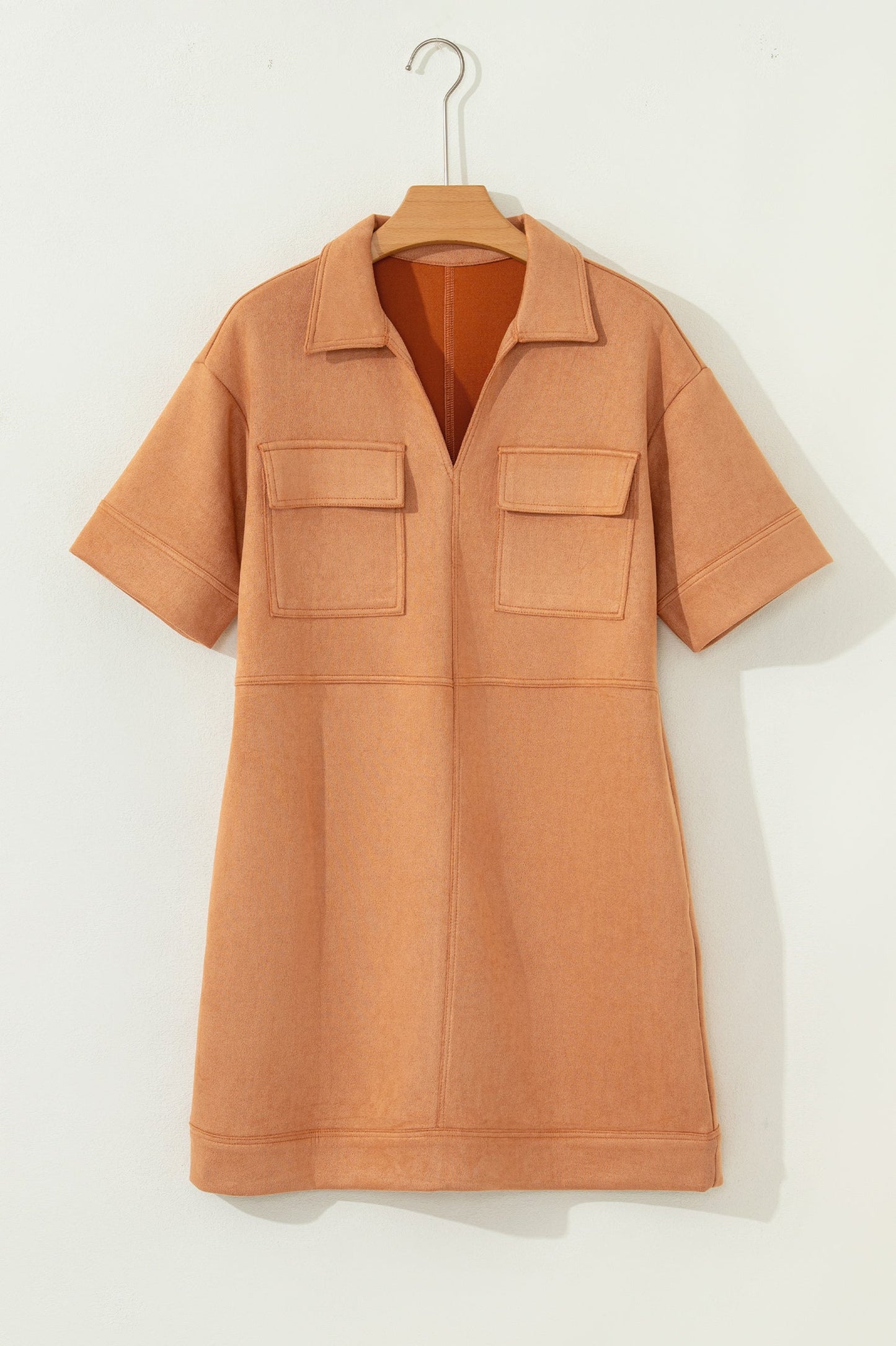 Faux Suede Collared V-Neck Short Sleeve Dress