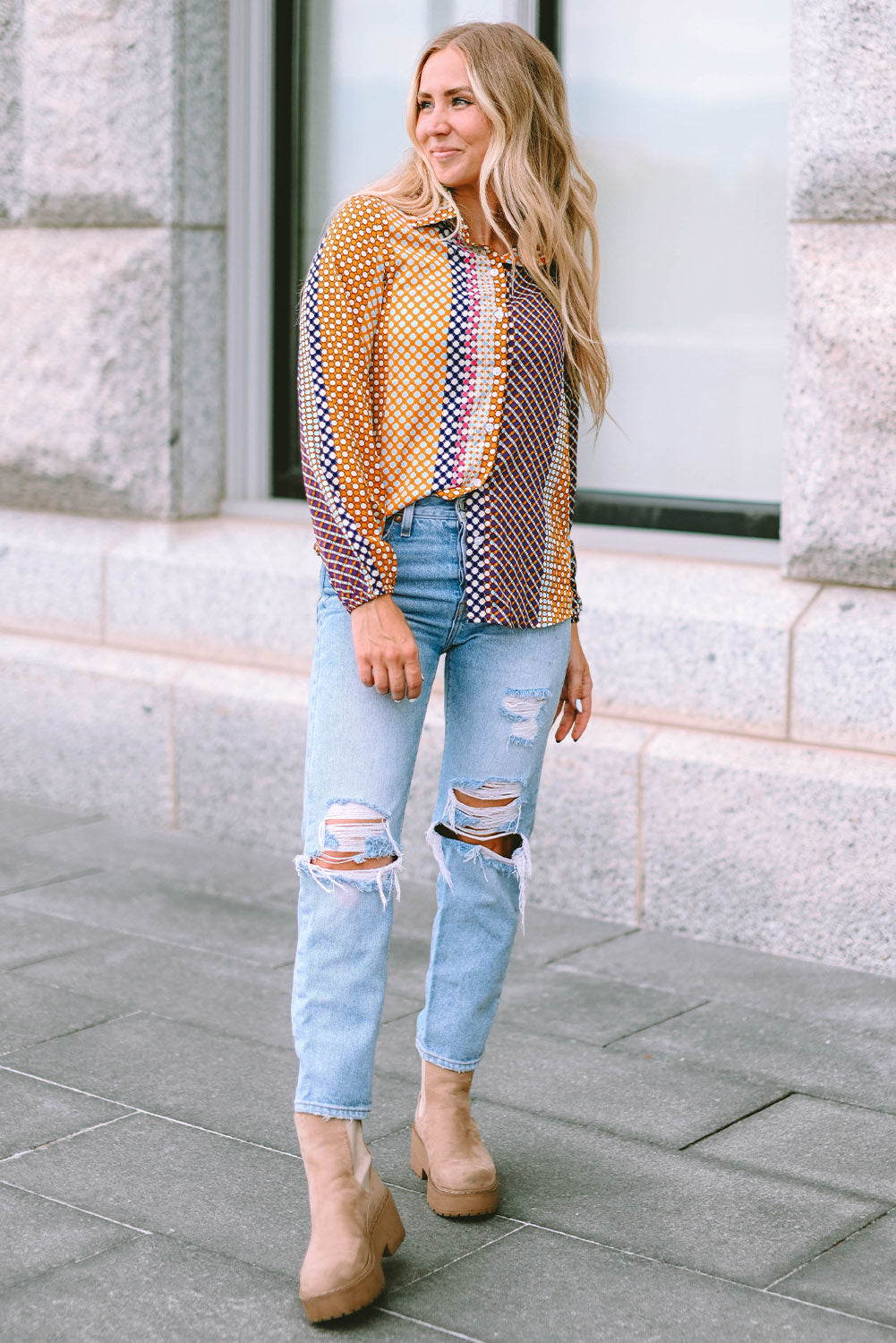Brown Dot Print Long Sleeve Button Down Shift PLUS Shirt