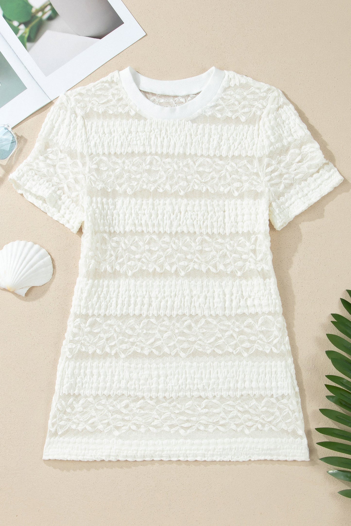 Sheer Lace Textured Patchwork Short Sleeve Top
