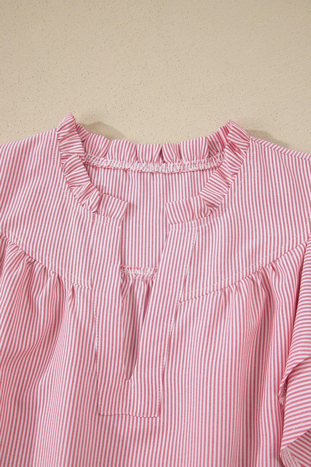 Stripe Frilled Split Neck Ruffle Sleeve Blouse