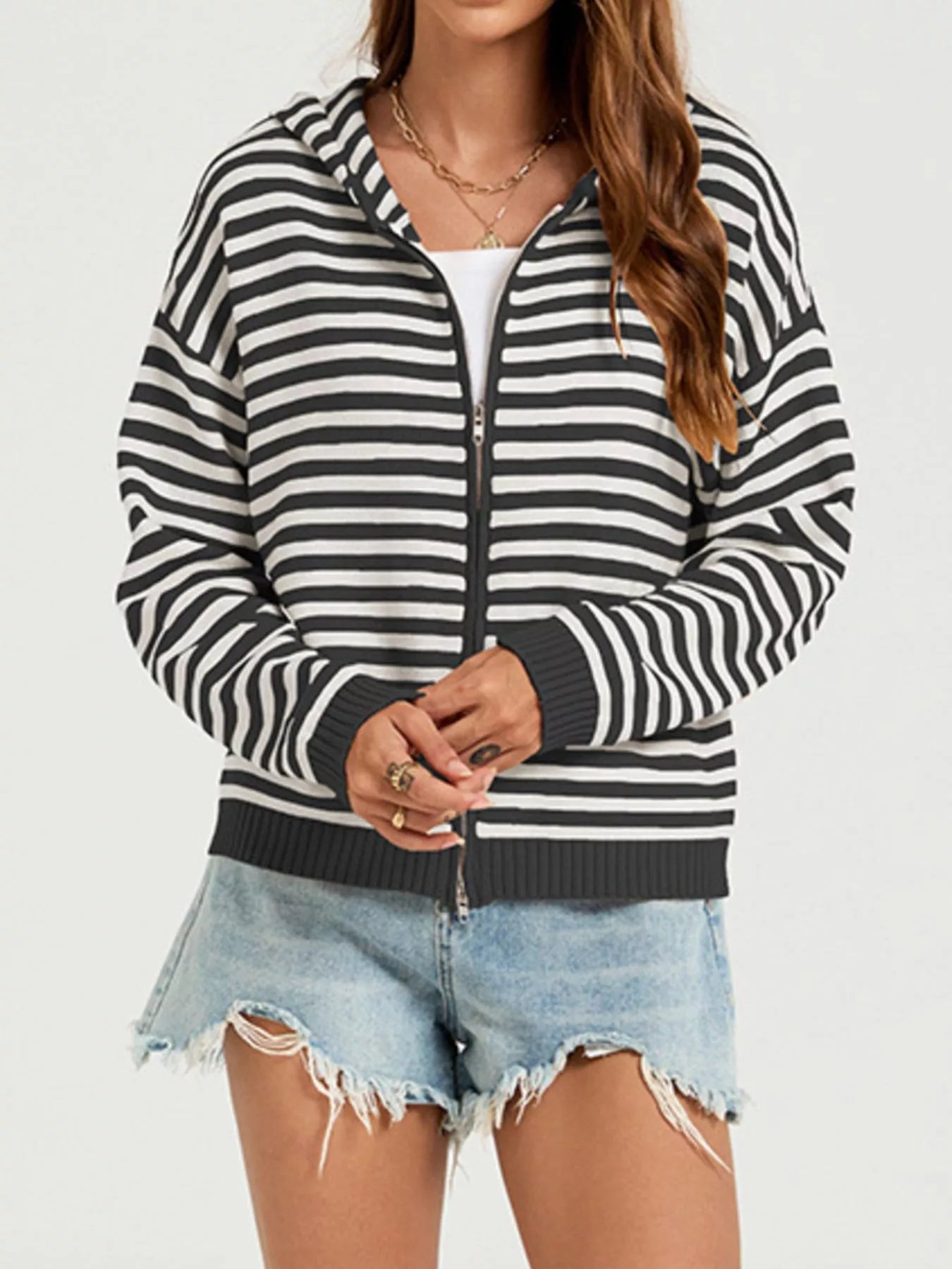 Striped Hooded Zip-Up Knit Cardigan