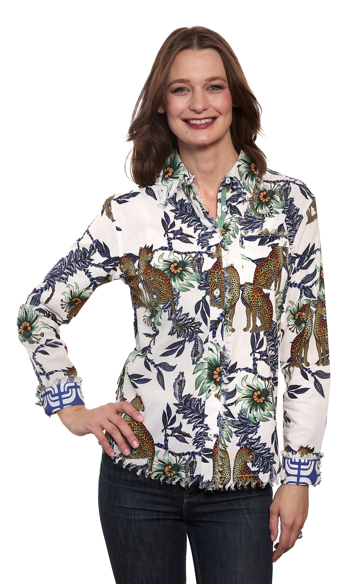 Cape Cod Top Cheetahs and Floral On Ivory Cotton Linen Ground