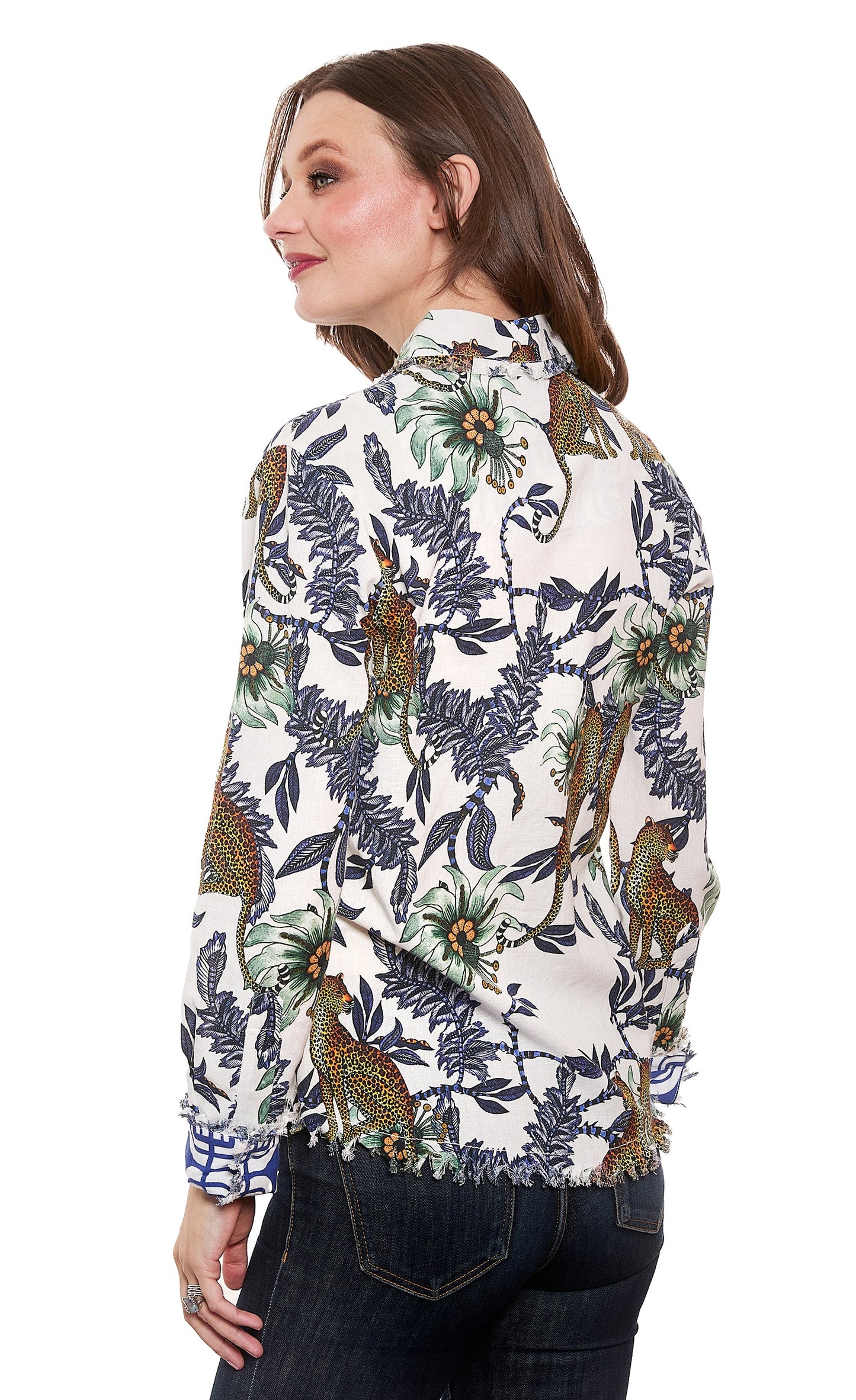 Cape Cod Top Cheetahs and Floral On Ivory Cotton Linen Ground
