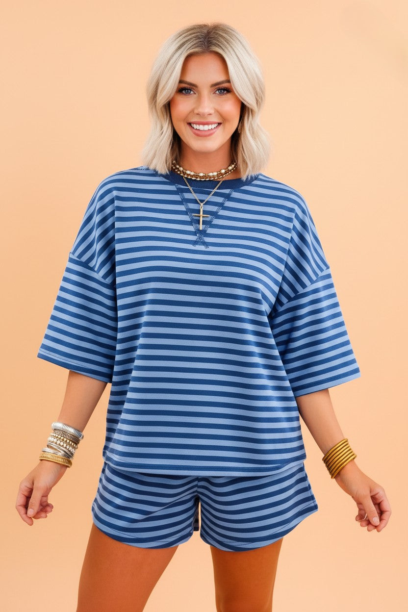 Stripe Short Sleeve Top & High Waist Short Set