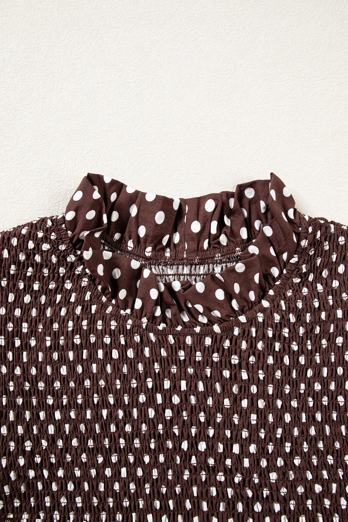 Polka Dot Shirred Ruffle Hem Long Sleeve Blouse