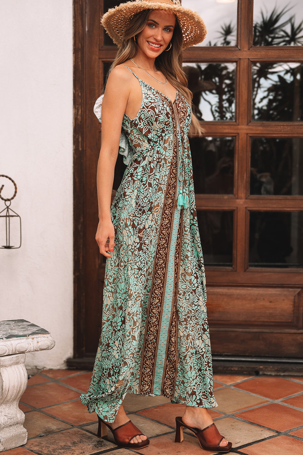 Floral V-Neck Ruffle Trim Backless Tassel Waist Dress