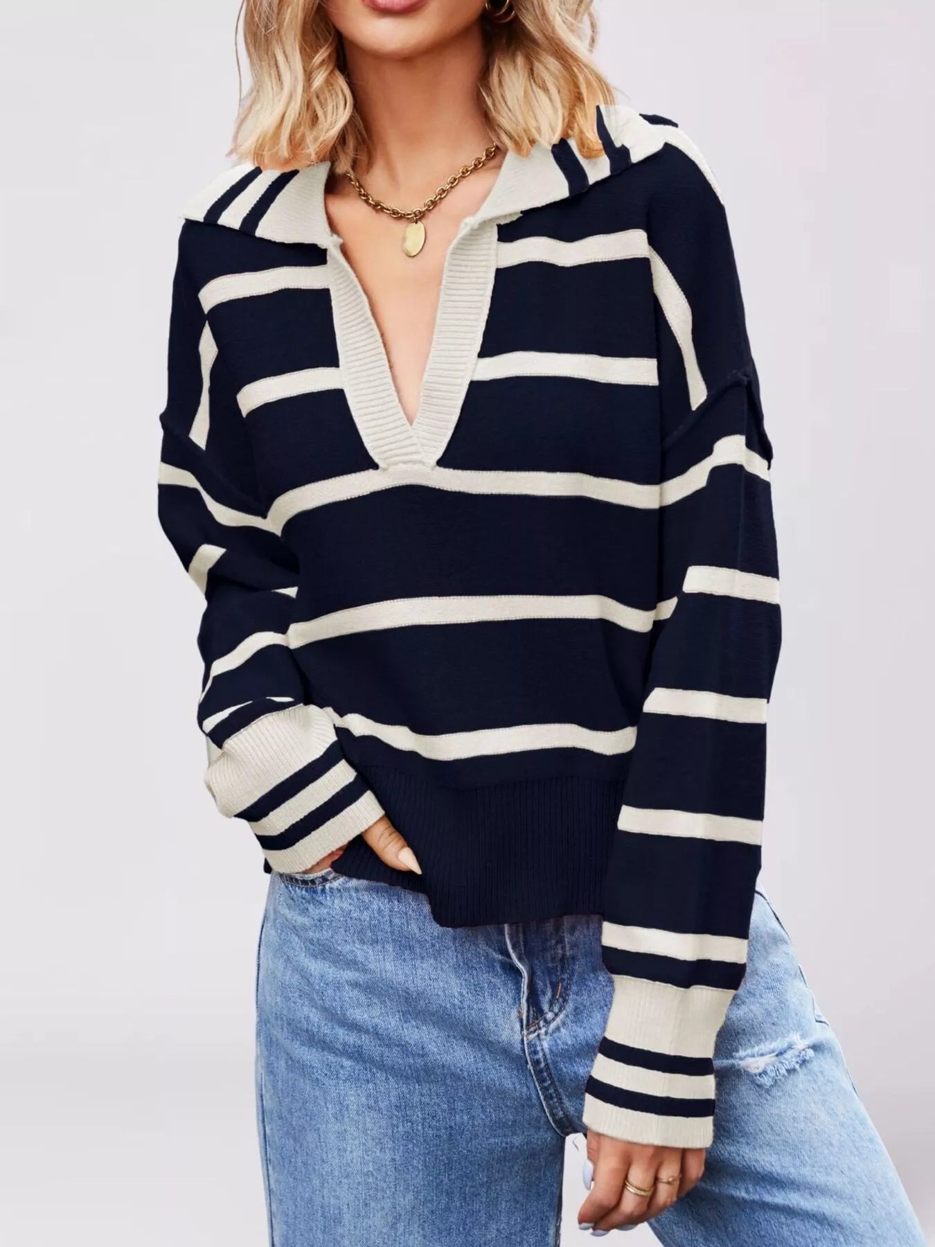 Striped Johnny Collar Dropped Shoulder Sweater