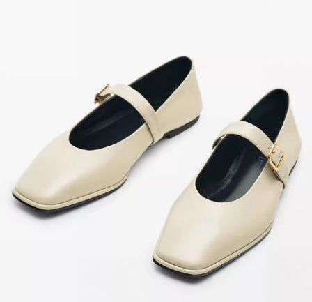 Genuine Leather Square-toe Flat Shoes For Women With Shallow Mouth And Single Strap