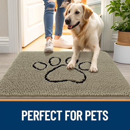 OLANLY Dog Door Mat for Muddy Paws 36x24, Paw Print Design Chenille Mud Mat