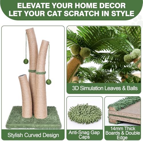 40'' Tall Cat Scratching Post Cat Tree, 3 Curved Design Palm Tree Cat