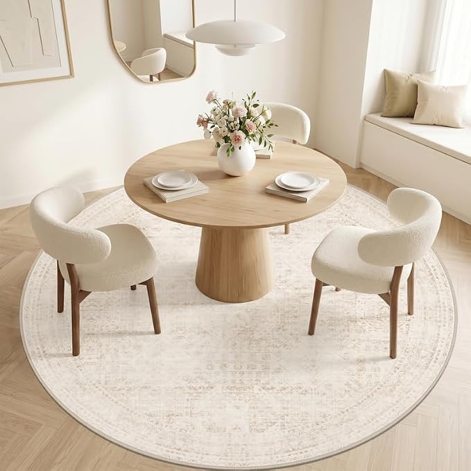 Round Area Rug Living Room: 6ft Neutral Washable Carpet Rug Beige | Vintage