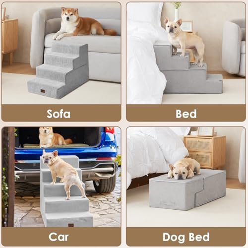 EHEYCIGA Dog Stairs for Bed 18" H, 4-Step Extra Wide Dog Steps, Light Grey