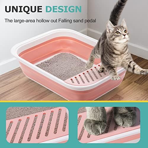Open Top Cat Litter Box, Large Foldable Cat Potty Height-Adjustable Sides