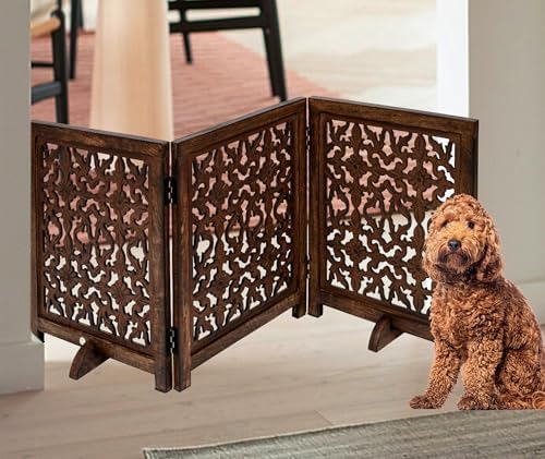 Foldable Wooden Dog Gate, 54 Inch Wide, Burnt Finish