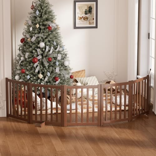 Wooden Freestanding Foldable Dog Gate, 24 Inch Height 6 Panel Pet Gate No Drill