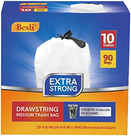 Besli 10 Gallon Drawstring Trash Bag Garbage Bag Trash Can Liner, 0.9 Mil