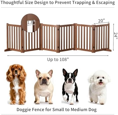Wooden Freestanding Foldable Dog Gate, 24 Inch Height 6 Panel Pet Gate No Drill