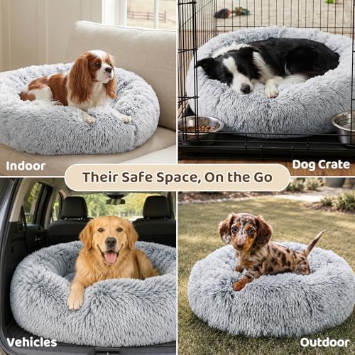 JOLLYVOGUE Dog Bed, Calming Anti-Anxiety Large Dog Bed, Fluffy Donut Cushion