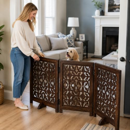 Foldable Wooden Dog Gate, 54 Inch Wide, Burnt Finish