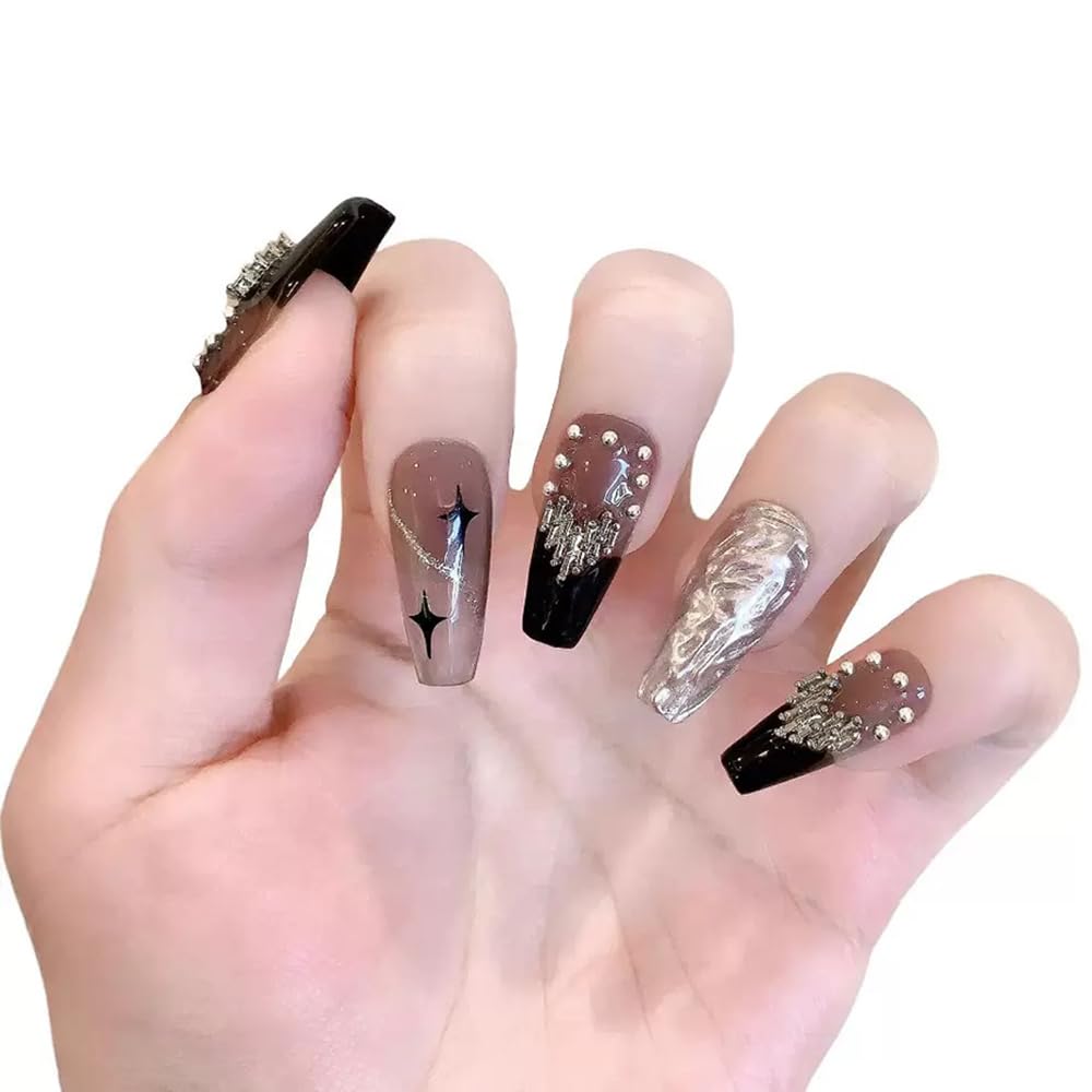 PIVHWIR Press On Nails Reusable Glossy Long 3D Heart Design Fake Nails Stick On Nails-Black (S)