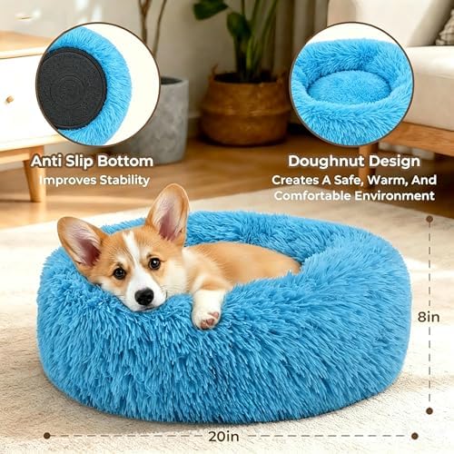 Calming Donut Dog and Cat Bed for Indoor Cats, Anti-Anxiety Round Fluffy Soft