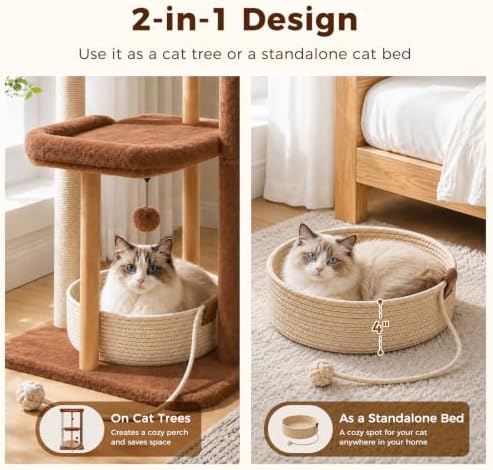 PAWZ Road Modern Cat Tree Removable Woven Bed, Wood Cat Tower
