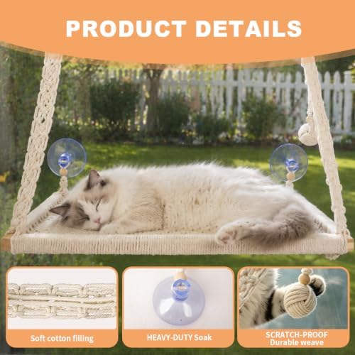 Cat Window Perch with Foldable Hook, Handwoven Catio Bed