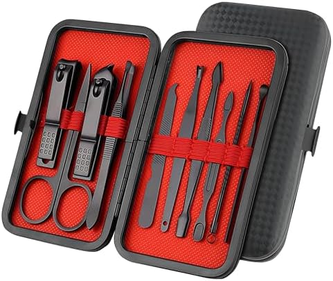 Luxury 10-in-1 Professional Manicure Set - Premium Stainless Steel Nail Clippers & Grooming Kit with Elegant Travel Case for Ultimate Hand, Foot & Facial Care (Black/Red)