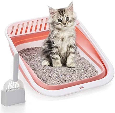 Open Top Cat Litter Box, Large Foldable Cat Potty Height-Adjustable Sides