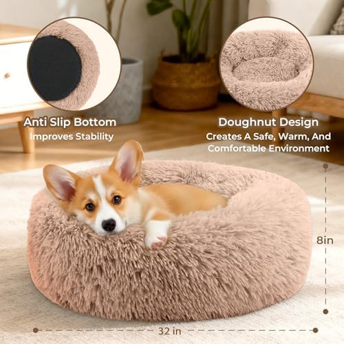 Calming Extra Large Donut Dog Bed, Anti-Anxiety Round Soft Fluffy Plush Faux