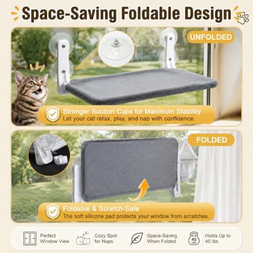 Cat Window Perch Hammock with 2 Washable Plush Covers, Cozy Window Bed