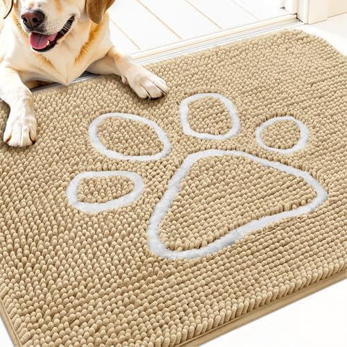 OLANLY Dog Door Mat for Muddy Paws 34x21, Paw Print Design Chenille Mud Mat